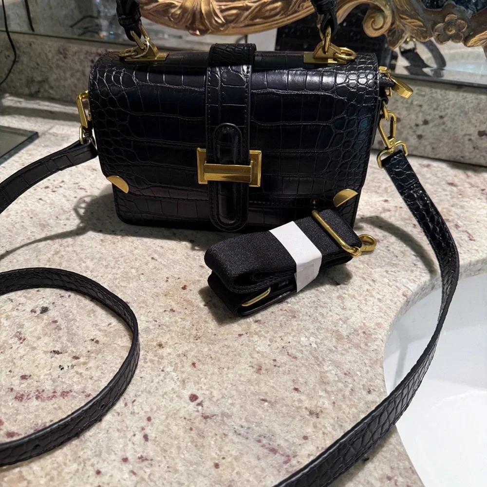 Black Croc-Embossed Crossbody Bag with Gold Accents - Picture 2 of 8